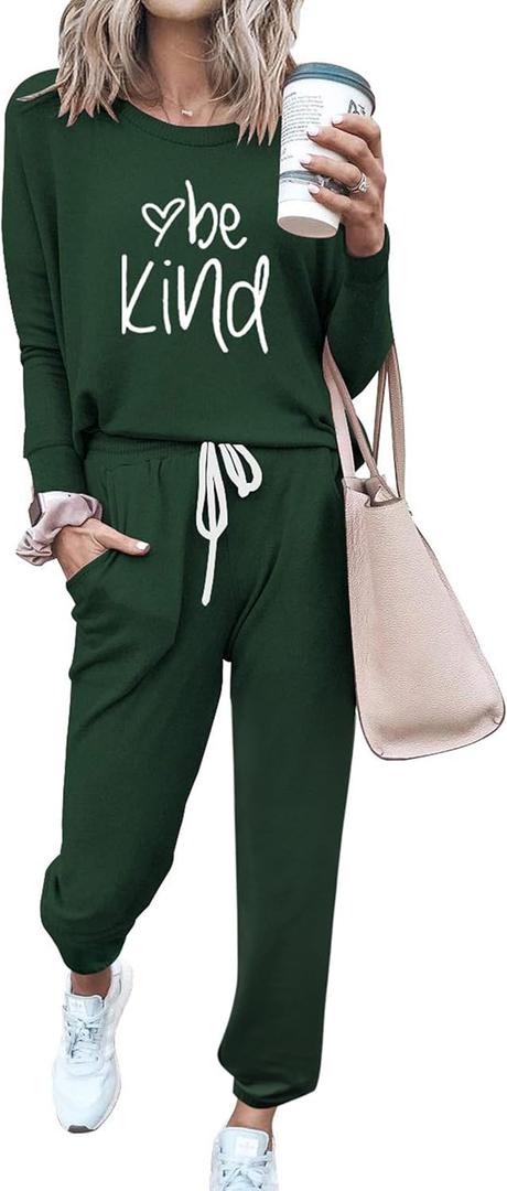 PRETTYGARDEN Women Fall 2 Piece Lounge Outfit Long Sleeve Tops High Waisted Jogger Pants Set Spring Travel Clothes Tracksuit (Small, Patterned-dark Green)