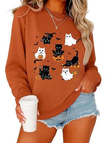 sidupili Halloween Sweatshirt Women Spooky Season Cute Black Cat Ghost Sweatshirts Fall Embroidered Pullover Top(P2,XL)