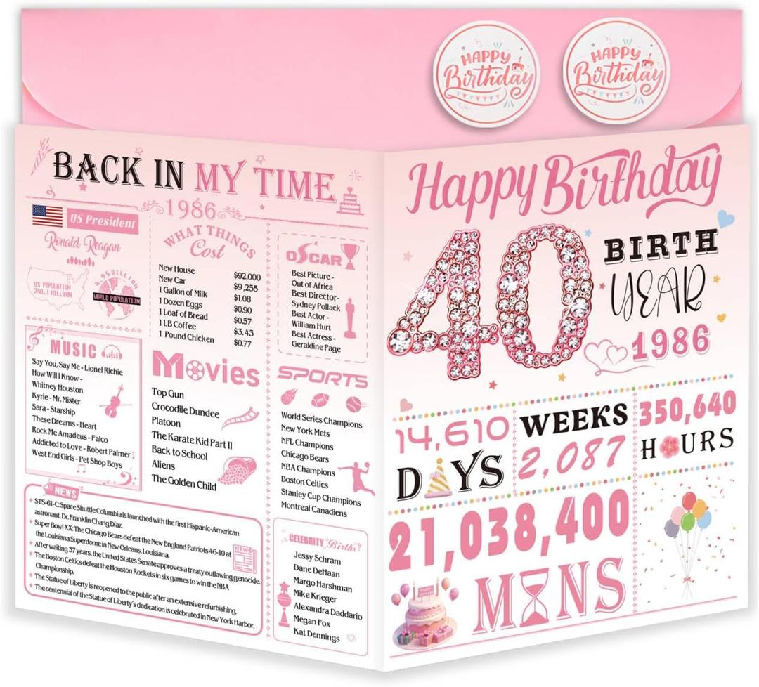 40th Birthday Card for Women, 40th Birthday Decoration, Sweet Funny 40 Year Old Birthday Gifts Idea, Greeting Cards for Wife Mother Aunt Daughter Friend Sister Mon Her, Jumbo Back In 1986 Pink