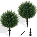 Artificial Cedar Topiary Ball Tree with Ground Spike, Set of 2 UV Resistant Artificial Bushes for Outdoors Faux Shrubs, Weatherproof Fake Round Cypress Ball Bushes Plant for Front Porch
