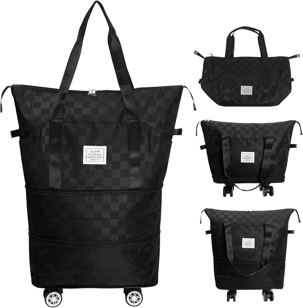 MaxWorks 51004 Foldable Travel Bag with Removable Rolling Wheels Large Carry On Suitcase Adjustable Size 25L to 55L for Gym Camping Business Trips Checkerboard Black