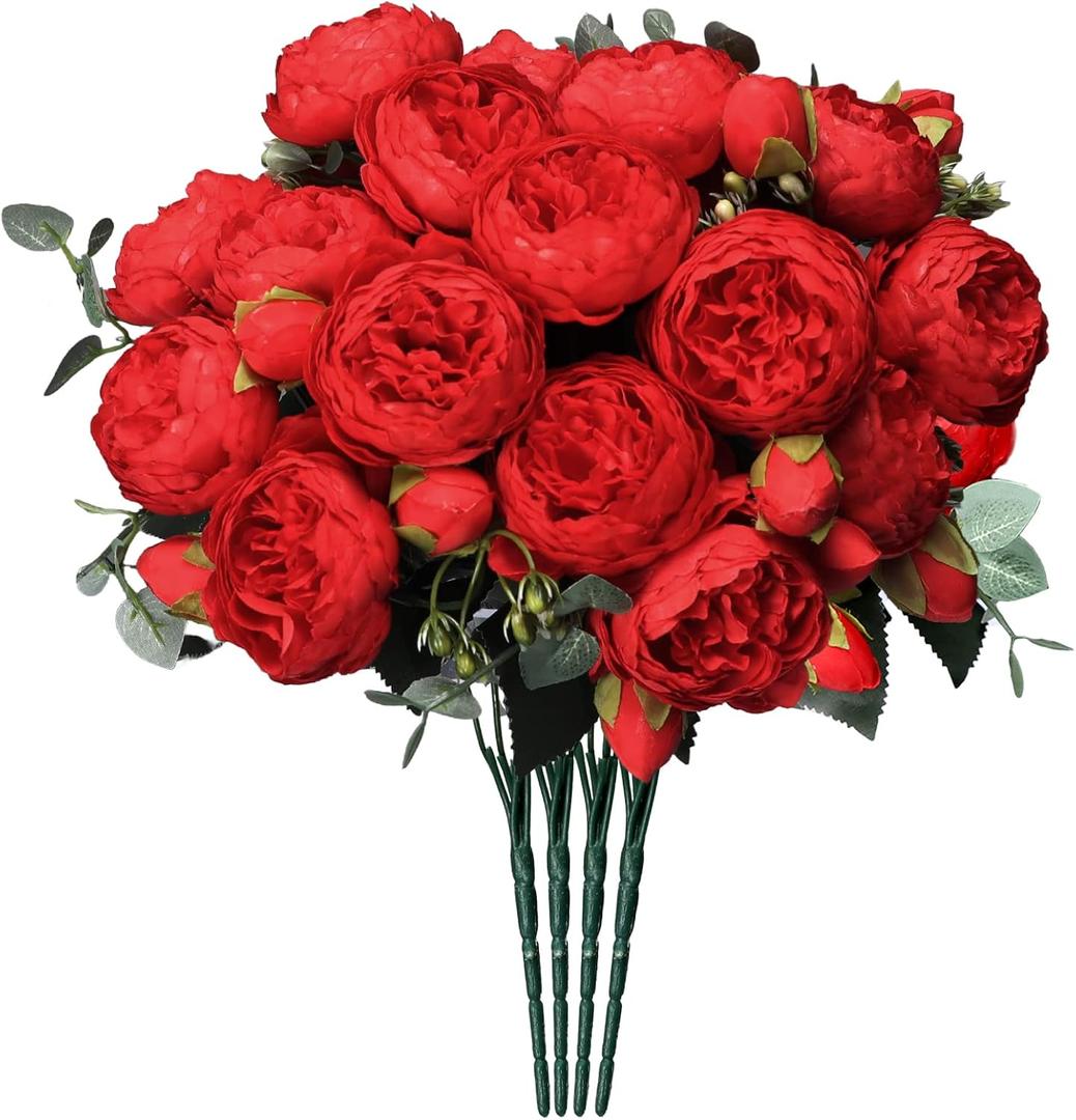 Hoikwo 4 Bunches Small Vintage Red Peony Artificial Flowers (20 Peony Heads), Silk Fake Fake Silk Flowers Bouquet with Stems for Home Wedding Party Table Centerpieces