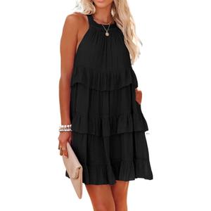 R.Vivimos Women's Summer Dress Boho Sleeveless Halter Layered Ruffle Casual Swing Mini Dress with Pockets (Medium, Black)
