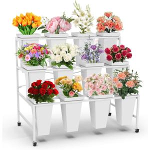 Flower Display Stand with 12Pcs Buckets, Flower Cart Display Stand with Wheels, 3 Tier Metal Plant Stand, Moving Heavy Duty Flower Cart Flower Rack for Florist Indoor Outdoor Patio Garden (White, 12pcs)