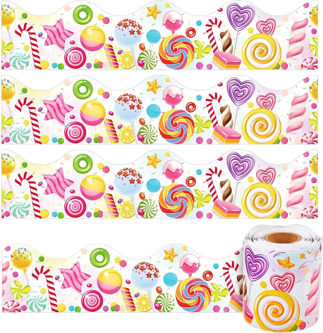 Outus 65.6ft Candyland Bulletin Board Border Lollipop Self Adhesive Scalloped Border Trims Sweet Themed Cutouts Bulletin Board for Classroom School Door Desk Supplies, Birthday Party Decorations