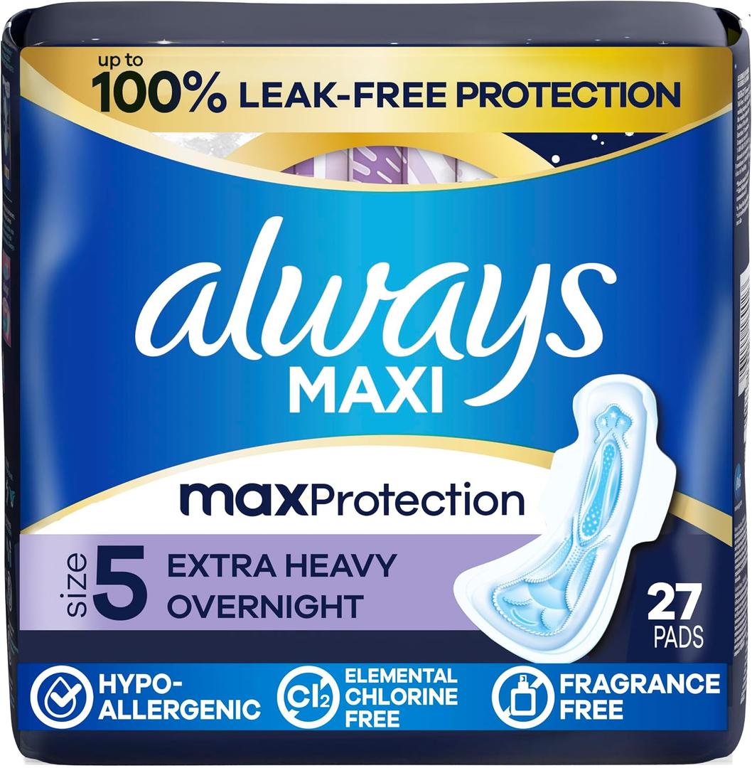 Always Maxi Feminine Pads with Wings for Women, Size 3, Extra Long Super Absorbency, Unscented, Up to 100% Leak-Free Protection, 3/24ct