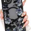 AIGOMARA for iPhone 15 Plus Case, Compatible with MagSafe, Cute Rose Flower Pattern with Semi-Transparent Frosted Phone Case for Woman Gilrs Soft TPU and PC Back Protective Slim Phone Cover Black