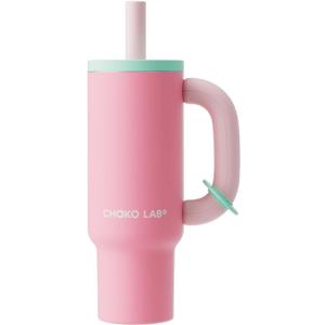 CHAKO LAB 33oz Insulated Tumbler with Spout and Straw | Ceramic Coated Interior for Pure Taste | Leakproof Stainless Steel Water Bottle| Vacuum Travel Coffee Mug |Cup Holder Friendly | Strawberry