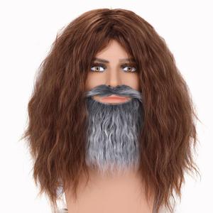 Mens Long Brown Cosplay Wigs with Fake Beard Set for Men Cosplay Party Costume Wigs (Burgundy)