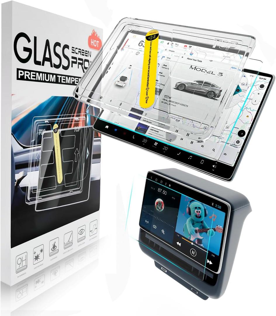 2Pcs Tesla Model Y 2025 2026 Juniper& 2024 2025 Model 3 Highland Matte Screen Protector - [No More Glare& Fingerprint] - Mil-Grade 9H+ Tempered Glass with Mounting Frame Kit - Front& Rear Protector(New Model Y/3-Matte)