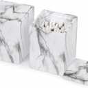 2-Pack Marble Pattern Cotton Swab Holders with Lids, Resin Bathroom Vanity Storage Jars, Square Qtip Containers for Cotton Balls, Pads, and More (White)