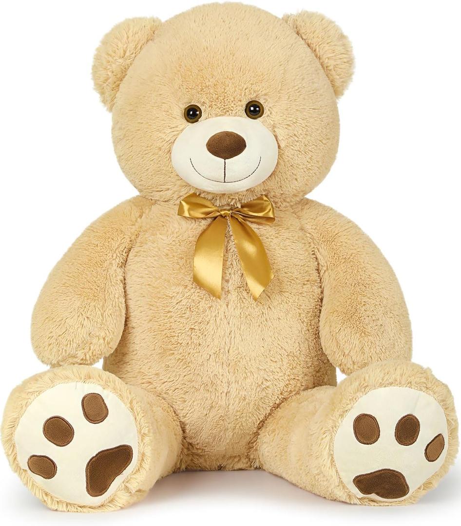 MaoGoLan Giant Teddy Bear Stuffed Animal, 39" Large Tan Teddy Bear Plush Toy with Cute Bow Tie & Footprints, Soft Sunggle Bear Plushies Gift for Kids Grilfriend Wife on Christmas Birthday Baby Shower (Brown)