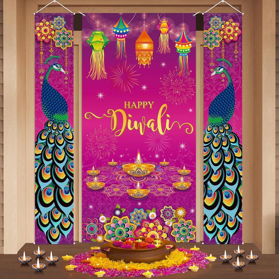 3 Pcs Happy Diwali Porch Door Banner, Indian Diwali Peacock Front Porch Door Cover, Deepawali Festival of Lights Porch Door Backdrop Hanging Decorations for Indian Light Festival Party Supplies