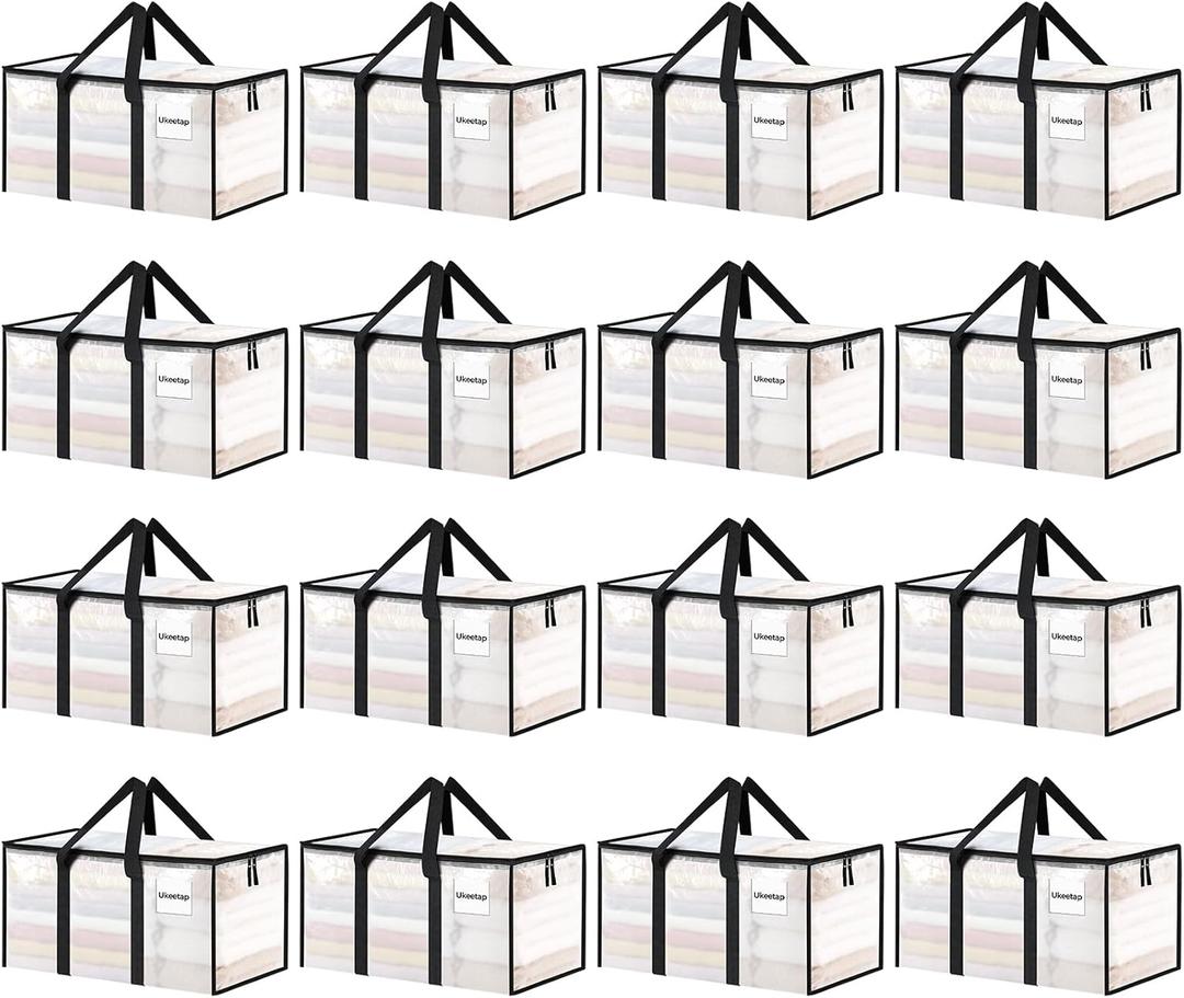 16 Pack Extra Large Heavy Duty Moving Bags, Clear Storage Bins with Lids, Reinforced Handles & Heavy-Duty Zippers Moving Boxes Storage Bags Totes for Clothes Packing, Dorms, College Supplies, Clear
