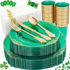 Hioasis 175pcs Clear Green Plastic Plates - Green Gold Plastic Plates Disposable include 25Dinner Plates 25Dessert Plates 25Knives 25Forks 25Spoons 25Cups 25Napkins for St. Patrick's Day & Wedding