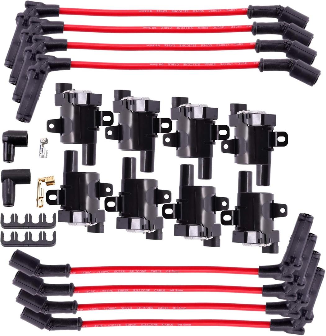 MAS Set of 8 Round Ignition Coils Pack UF262 & 748UU 8.5mm Spark Plug Wire Set Compatible with Chevy Hummer H2 Cadillac GMC Yukon Silverado Sierra 1500 4.8L 5.3L 6.0L Replacement for C1512 D585
