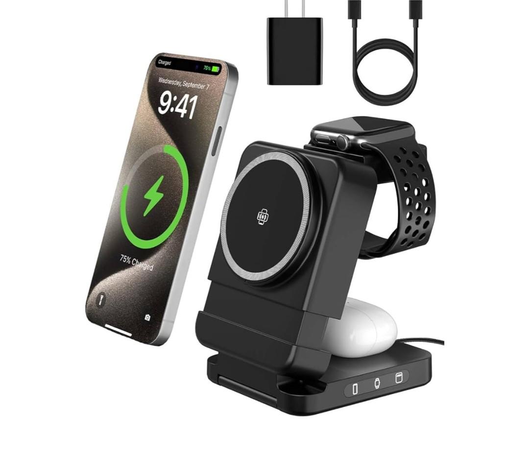 3-in-1 Foldable Wireless Charging Station, 15W Qi2 Magnetic Charger Stand for iPhone, Samsung, Apple Watch, Galaxy Watch, AirPods and Galaxy Buds, Travel Charger with 25W PD Adapter, Black