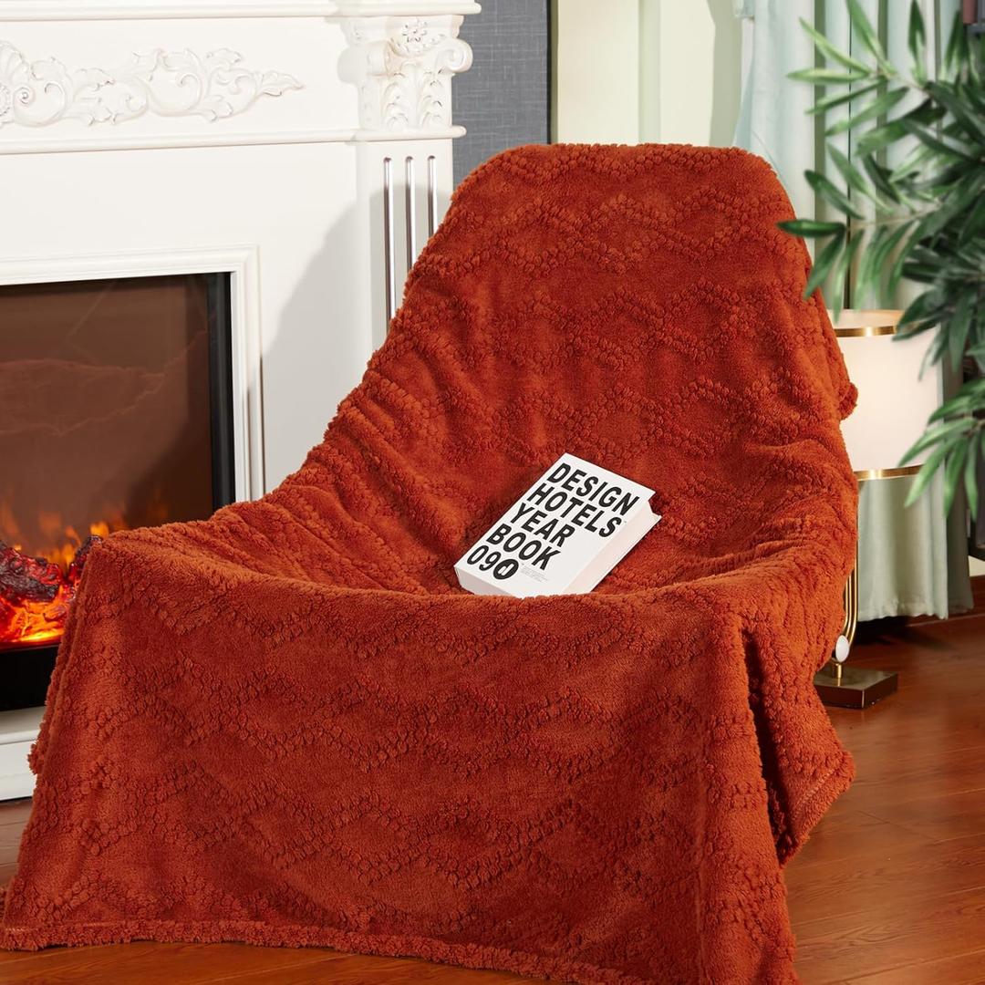 Jacquard Boho Fleece Throw Blanket-Cozy Fluffy Soft Lightweight Fuzzy Fall Blanket for Sofa, Couch, Bed, Chair & Car, Gifts for Teen Girls, Women & Men, Home and Dorm Decor, Rust Red, 50" x 70"