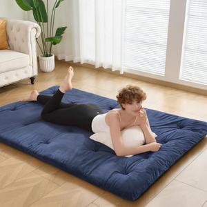 Japanese Floor Futon Mattress Full Size 54"x 80", 2.5'' Thick Foldable Roll Up Floor Bed Sleeping Pad, 25D Foam Filled Tatami Mat with Straps for Guest Room, Dormitory & Camping, Blue