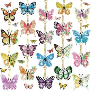 FairySandy 20 Pcs Spring Butterfly Diamond Painting Keychains 5d Flowers Butterflies Diamond Art Keychains Kits for Adults Single Side Floral Key Chain Hanging Ornament for Beginners DIY Crafts Gifts