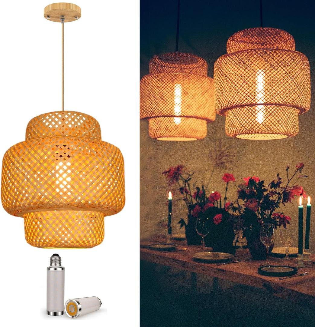 Bamboo Pendant Lights, Boho Wicker Rattan Chandelier, Natural Hanging Lamp for Living Room, Bedroom, Kitchen Island, Farmhouse, Basket Hanging Light Fixtures (Ceiling - Lantern Plus)
