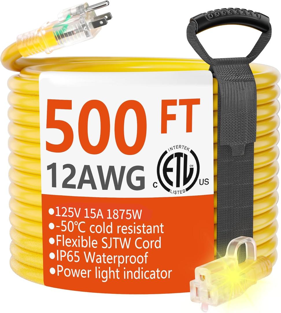HUANCHAIN 500 ft Outdoor Extension Cord Waterproof 12/3 Gauge Heavy Duty with Lighted end, Flexible Cold-Resistant 3 Prong Electric Cord Outside, 15Amp 1875W 12AWG SJTW, Yellow, ETL