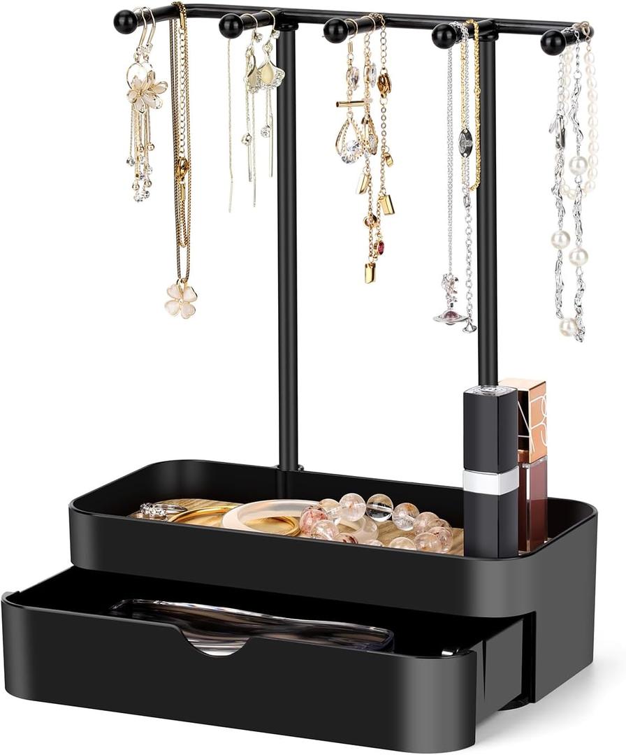 TACGEA Jewelry Holder Organizer, Jewelry Display Stand with Metal Holder and Plastic Tray, Black Double-Layer