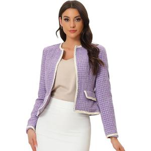 Allegra K Women's Christmas Plaid Tweed Blazer Long Sleeve Open Front Work Office Short Jacket, S