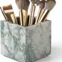 3.93 Inch Square Marble Toothbrush Holder & Makeup Brush Organizer - Natural Stone Pencil Holder for Desk, Bathroom Countertop Storage | Marble Bathroom Accessories in Modern Cyan Green ﻿ ﻿