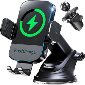 CHGeek Wireless Car Charger, 2026 Upgrade 15W Fast Charging Auto Clamping Car Phone Holder Charger, Phone Holders for car Mount, fit for iPhone 17 16 15 14 13 Mini Pro Max XR, Samsung Galaxy S25 Ultra (Matte Black)