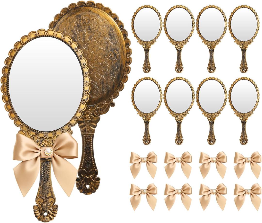 Wesiti 8 Pcs Vintage Handheld Mirrors Embossed Flower Princess Mirror with Bow Makeup Cosmetic Glass with Handle for Wedding Party Favors(Brass Gold)