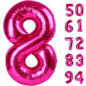 Hot Pink 8 Balloon, Number Balloons 40 Inch, 8th Birthday Decorations for Girls, Birthday Balloons, Hot Pink Party Supplies, Number 8 Balloon