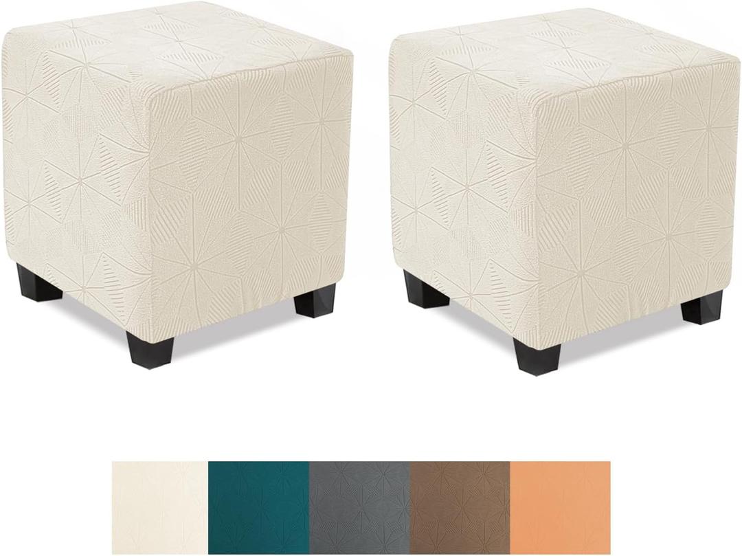 NeColorLife Small Ottoman Cover Square, Stretch Slipcover for Storage Stool, Soft Knitted Jacquard Footstool Protector for Living Room, Beige, 2PCS