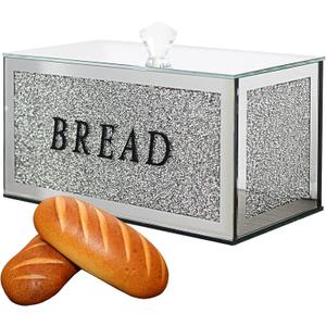 Large Crystal Glass Bread Container Box with Lid, 12.2" L x 6.3" W x 7.9" H Silver Homemade Bread Storage, Crushed Diamond Home Decor, Keep Bread Fresh Clean, Bread Bin for Kitchen Countertop