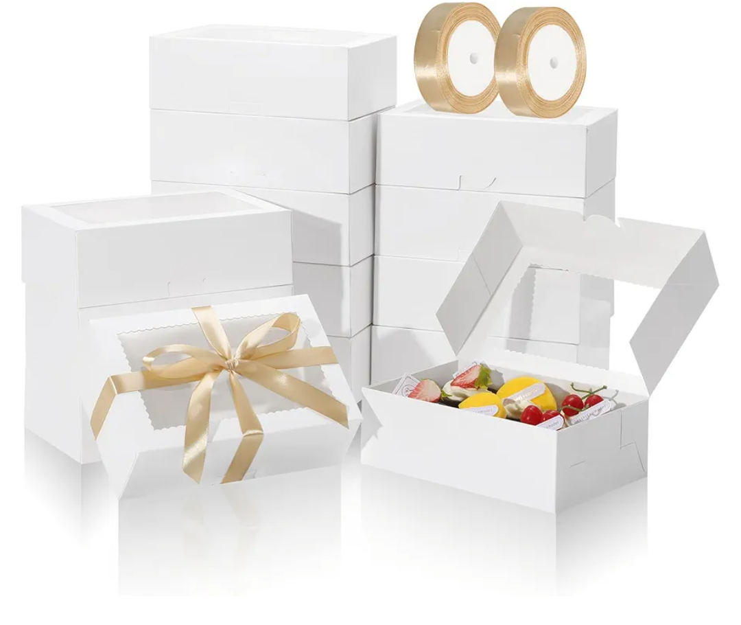 COTOPHER 30Pcs Cookie Boxes with Ribbons, 9x6x3 Inch Bakery Boxes with Window, White Treat Containers for Pastries, Chocolate Covered Strawberries, Dessert, Easter Candy, Muffins, Donuts