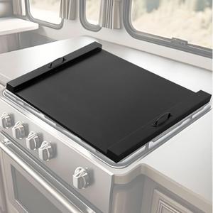 Maxdot Rv Stove Top Cover Board Wood Noodle Board Camper Stove Top Cover Countertop Cutting with 5 Pcs Adjustable Non-slip Rubber Feet Leg Juice Groove for Trailer Gas Burner Kitchen (Black)