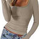 ANRABESS Women Long Sleeve Crop Tops Scoop Neck Ribbed Knit Tight Slim Fit 2025 Fall Going Out Sexy T-Shirts Basic Tee Shirts (Large, Khaki)