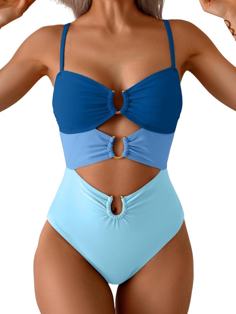 Eomenie One Piece Swimsuit for Women Ring Linked Monokini Sexy Bathing Suit Cutout Swim Suit (Small, Blue Color Block)