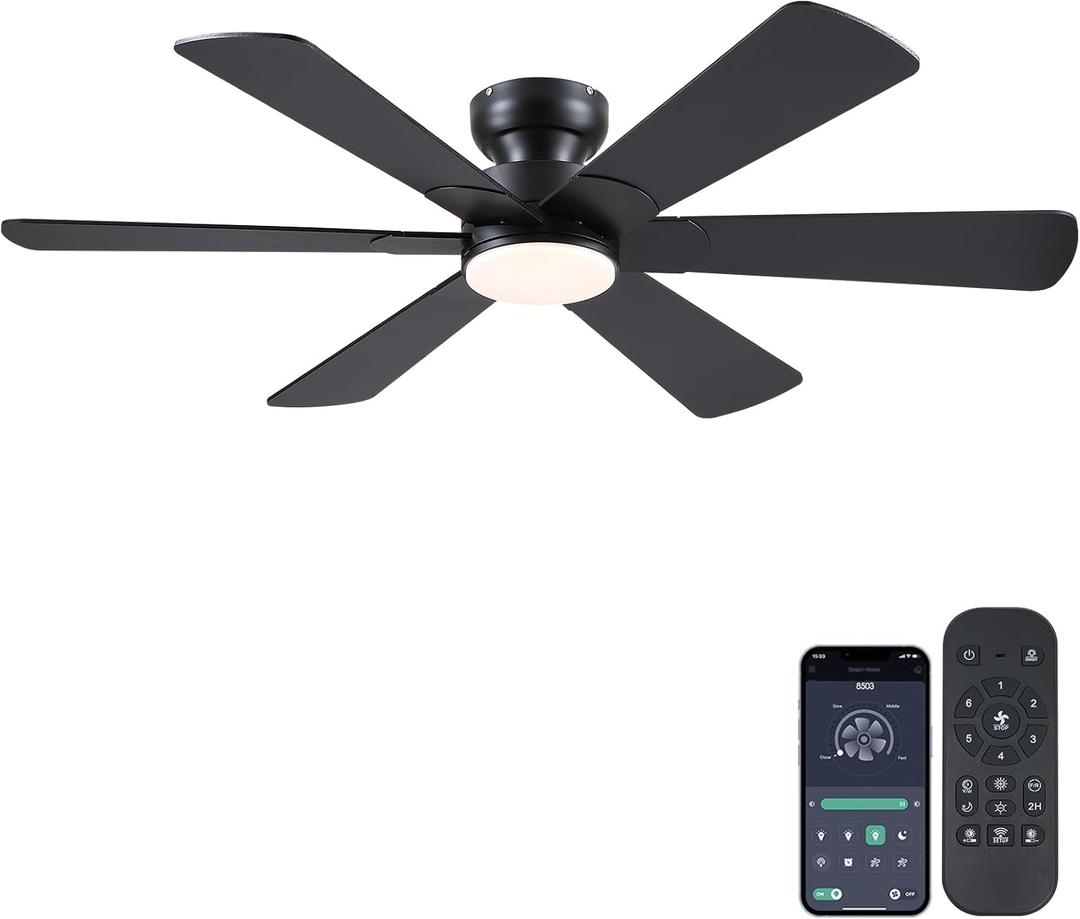 52 inch Ceiling Fans with Lights, Black Ceiling Fan with Remote APP, Dual-Sided Modern/Rustic 6 Blades, Reversible, 3CCT, Flush Mount Low Profile Ceiling Fan with Lights Bedroom Kitchen Indoor