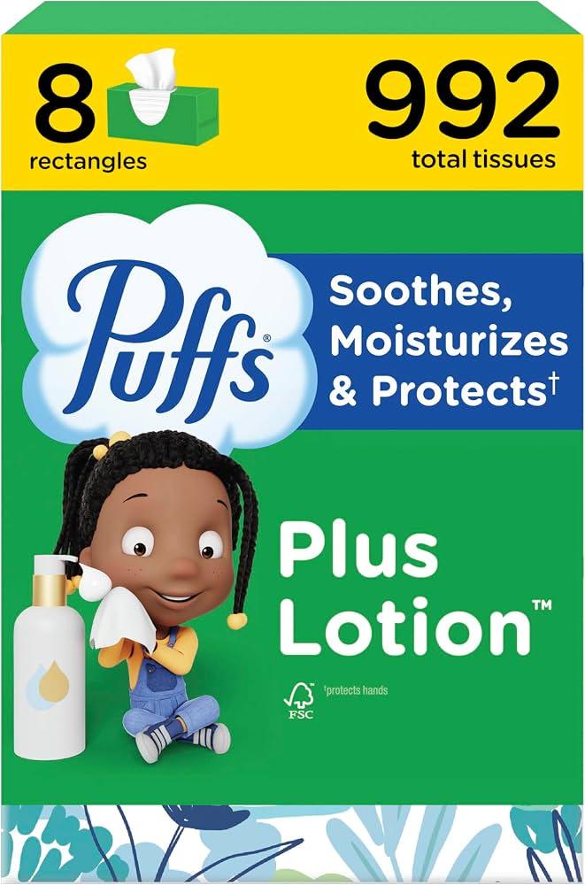 Puffs Facial Tissues Plus Lotion, 8 Family Rectangle Boxes, 124 Facial Tissues per Box, Allergies and Colds 