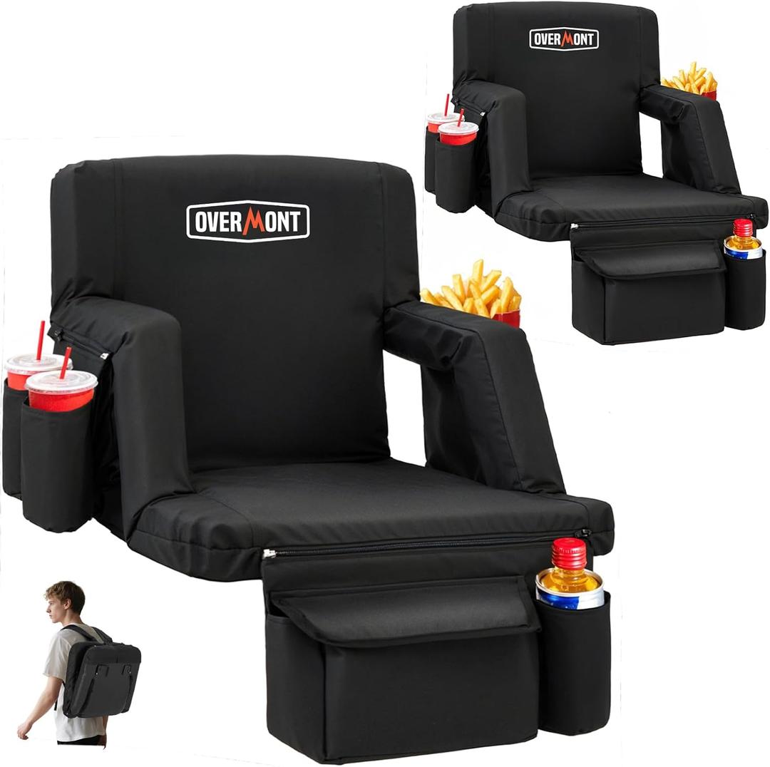 Overmont 2PCS Stadium Seat with Back Support - 2.8'' Padded Cushion 6-Position Recliner Bleacher Seat with Dual Hooks Backpack Straps Cup Holders Pockets - Portable Stadium Chair for Sports Concerts