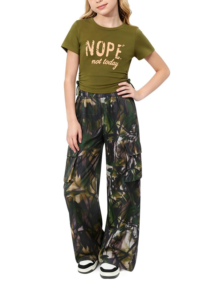 AMAWMW Girls Clothes Summer Outfits Short Sleeve Letter Print Ruched Tops and Cargo Pants Set Kids Clothing Army Green 7-8Y (Green)