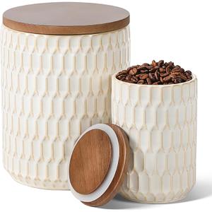 Ceramic Canisters Sets for the Kitchen, Flour Sugar Storage Containers, Diamond-Patterned Design, Coffee Canister with Airtight Lid for Counter Spice and Food (White Sets of 2)