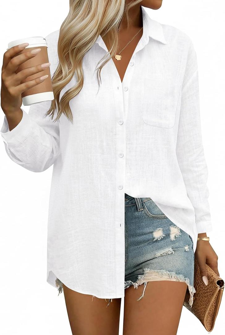 HOTOUCH Womens Button Down Shirts Linen Cotton Long Sleeve Blouses Casual Collared Loose Fit Gauze Tops with Pocket (White, XL)