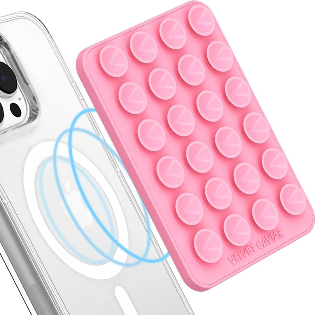 Velvet Caviar Suction Cup Phone Case Mount Compatible with MagSafe Devices Only - Magnetic Silicone Sticky Phone Grip Holder for iPhone Back of Phone - Mirror Gripper (Pink)