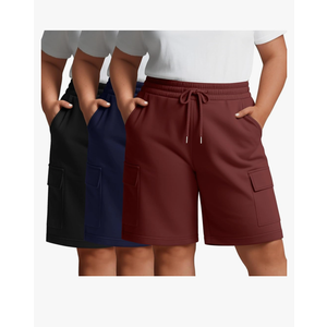 Neer 3 Pack Women's Plus Size Bermuda Shorts Casual Elastic Waist Drawstring Cotton Athletic Cargo Shorts with 4 Pockets 2XL