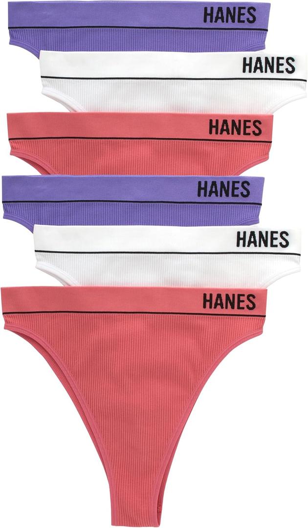 Hanes Women's Originals Seamless Rib Hi-Rise Cheeky Panties Pack, Assorted Colors, 6-Pack (Medium, White/Lively Lavender/Pink Begonia)