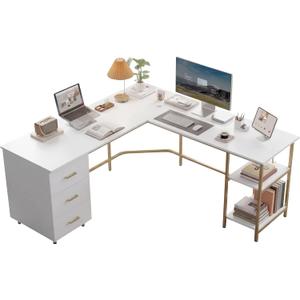 Techni Mobili L Shaped Desk - Two-Toned Computer Desk with Drawers & Storage Shelves - Simple Modern Furniture & Home Office Space Corner Table for Work & Writing
