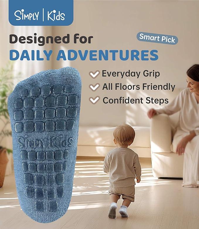 Baby Mid-Crew Socks with Grips (3 Pairs) for 5-7 Years Old Toddler Boy Girl Kids