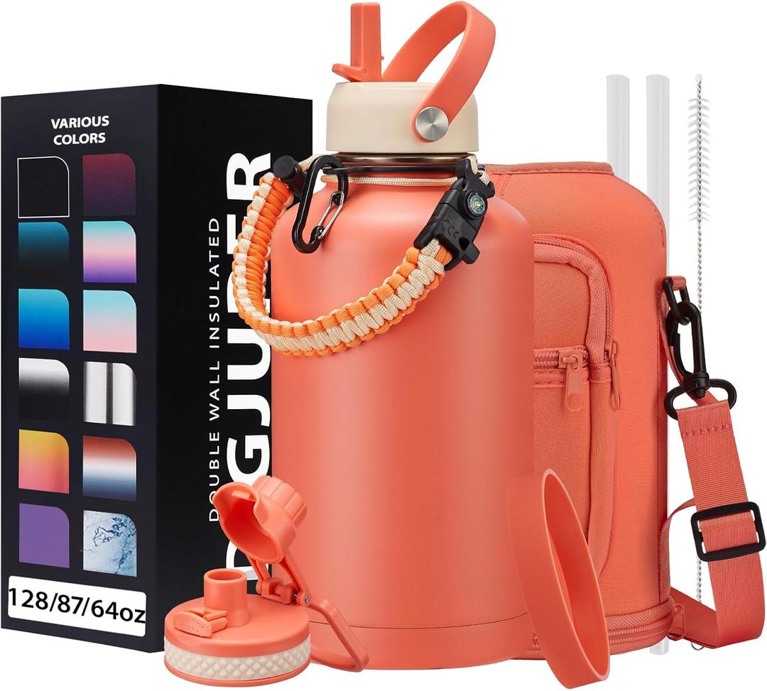 64oz Insulated Water-Bottle with Strap - Half Gallon Water Jug with Straw & Spout Lid, 2 Liter Stainless Steel Water Bottle Leak Proof, Cold-48h Hot-24h Metal Flask w/Paracord Handle, Carrier Case (Coral Orange)